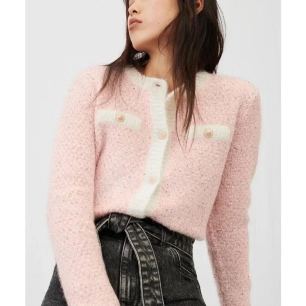 💕MAJE💕 Mission Sequin Embellished Stretch Knit Cardigan ~ Pale Pink - Picture 3 of 16